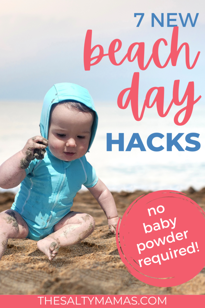 toddler on the beach; text: 7 new neach day hacks