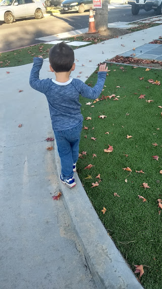 toddler walking on a curb